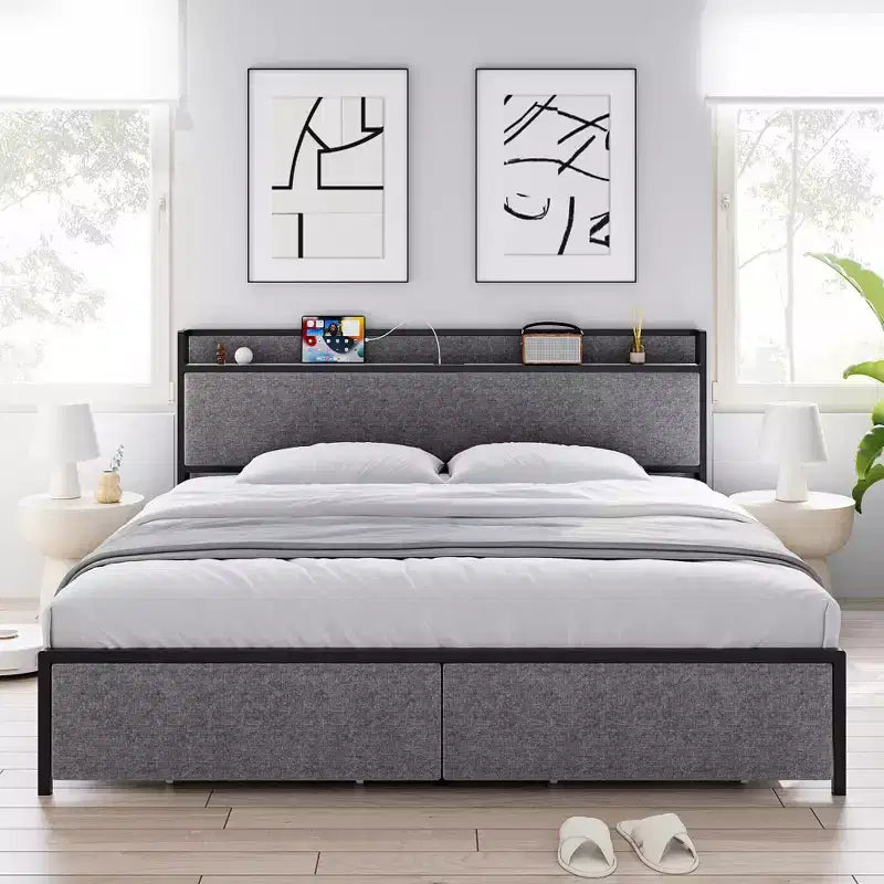 King Size Bed Frame with USB Ports & 2 Storage Drawers, Upholstered Platform Bed with Shelf Headboard, Gray