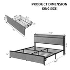 Cadre de lit King Size avec ports USB et 2 tiroirs de rangement, lit plateforme tapissé avec tête de lit étagère, Gris