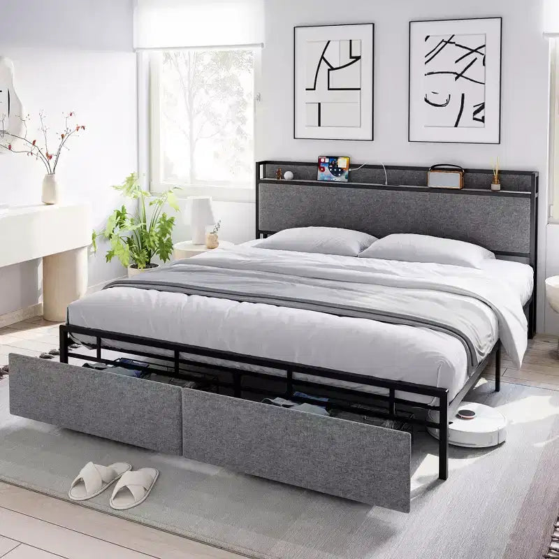 Cadre de lit King Size avec ports USB et 2 tiroirs de rangement, lit plateforme tapissé avec tête de lit étagère, Gris