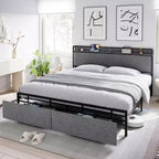 Cadre de lit King Size avec ports USB et 2 tiroirs de rangement, lit plateforme tapissé avec tête de lit étagère, Gris