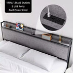 Cadre de lit King Size avec ports USB et 2 tiroirs de rangement, lit plateforme tapissé avec tête de lit étagère, Gris