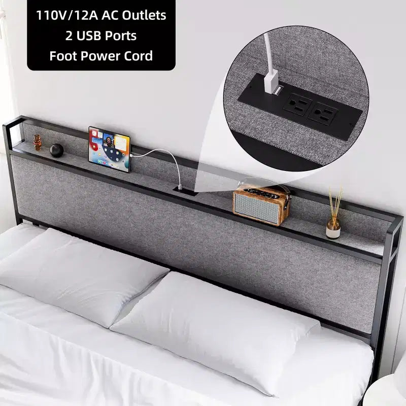 Cadre de lit King Size avec ports USB et 2 tiroirs de rangement, lit plateforme tapissé avec tête de lit étagère, Gris