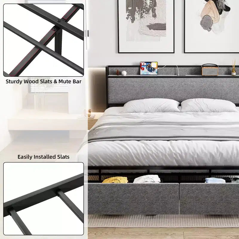 Cadre de lit King Size avec ports USB et 2 tiroirs de rangement, lit plateforme tapissé avec tête de lit étagère, Gris