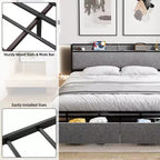 Cadre de lit King Size avec ports USB et 2 tiroirs de rangement, lit plateforme tapissé avec tête de lit étagère, Gris