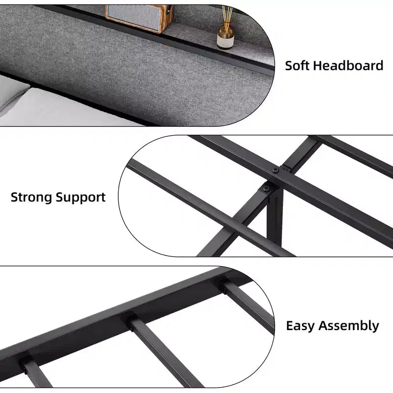 Cadre de lit King Size avec ports USB et 2 tiroirs de rangement, lit plateforme tapissé avec tête de lit étagère, Gris