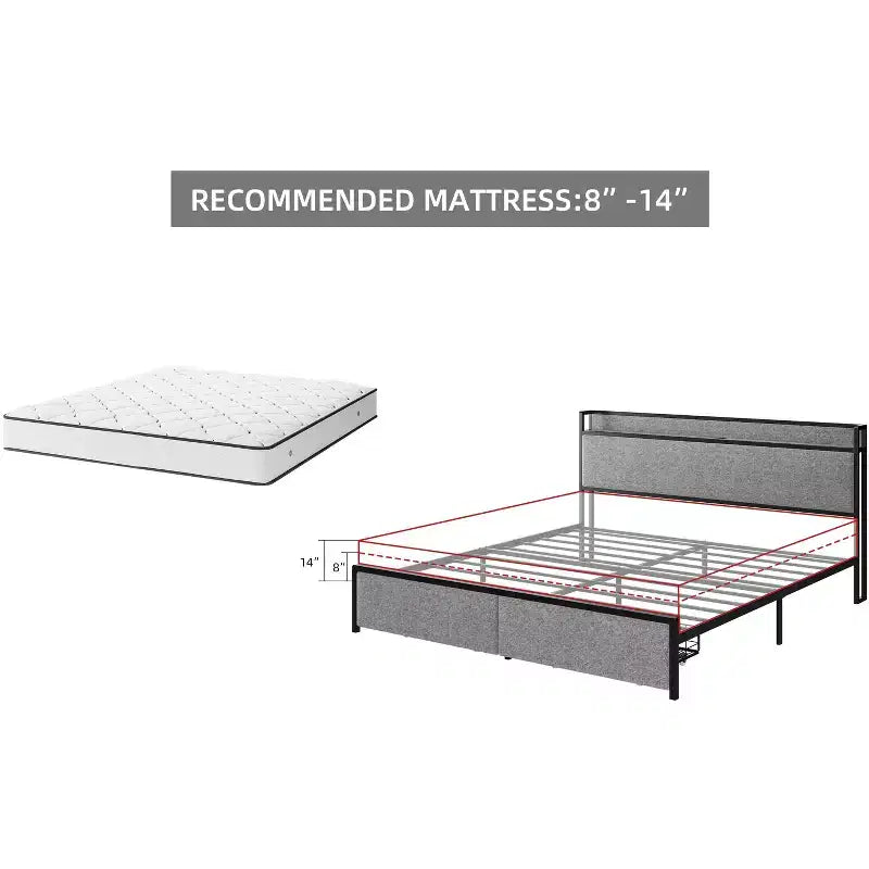 Cadre de lit King Size avec ports USB et 2 tiroirs de rangement, lit plateforme tapissé avec tête de lit étagère, Gris