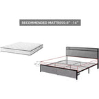 Cadre de lit King Size avec ports USB et 2 tiroirs de rangement, lit plateforme tapissé avec tête de lit étagère, Gris