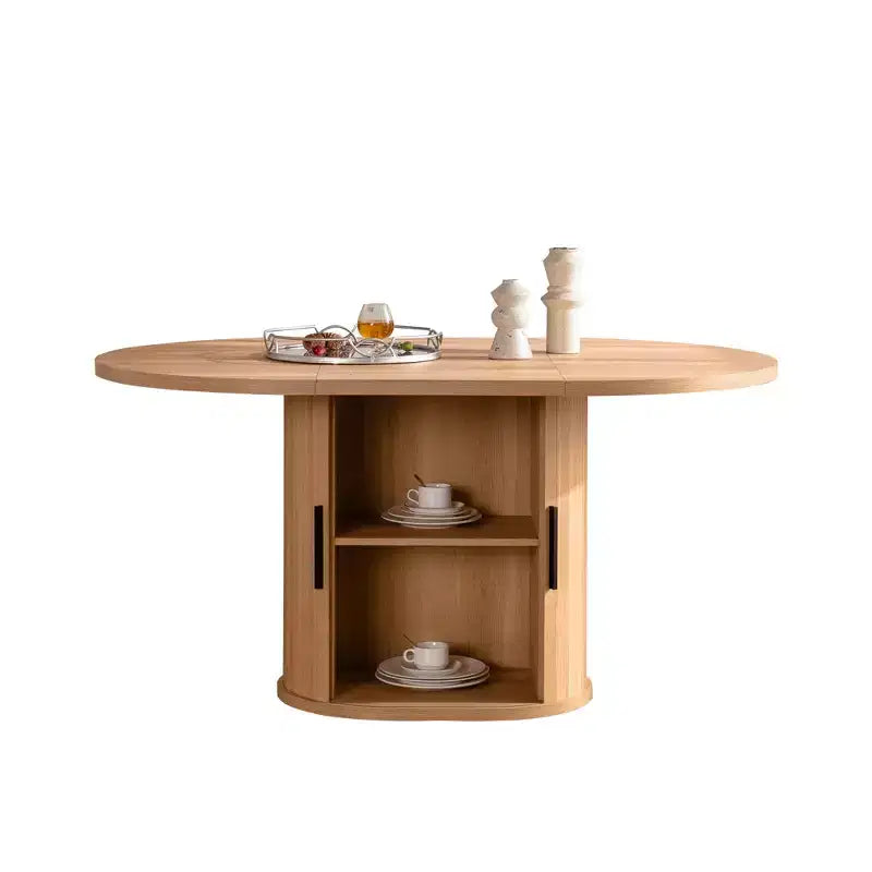 59 inch Oval Dining Table with Double-Layer Storage Shelf and Wood Slide Door