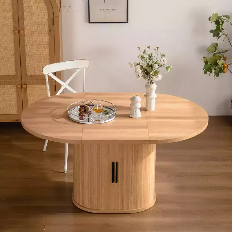 59 inch Oval Dining Table with Double-Layer Storage Shelf and Wood Slide Door