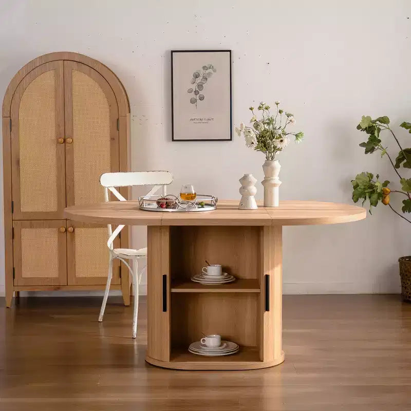 59 inch Oval Dining Table with Double-Layer Storage Shelf and Wood Slide Door