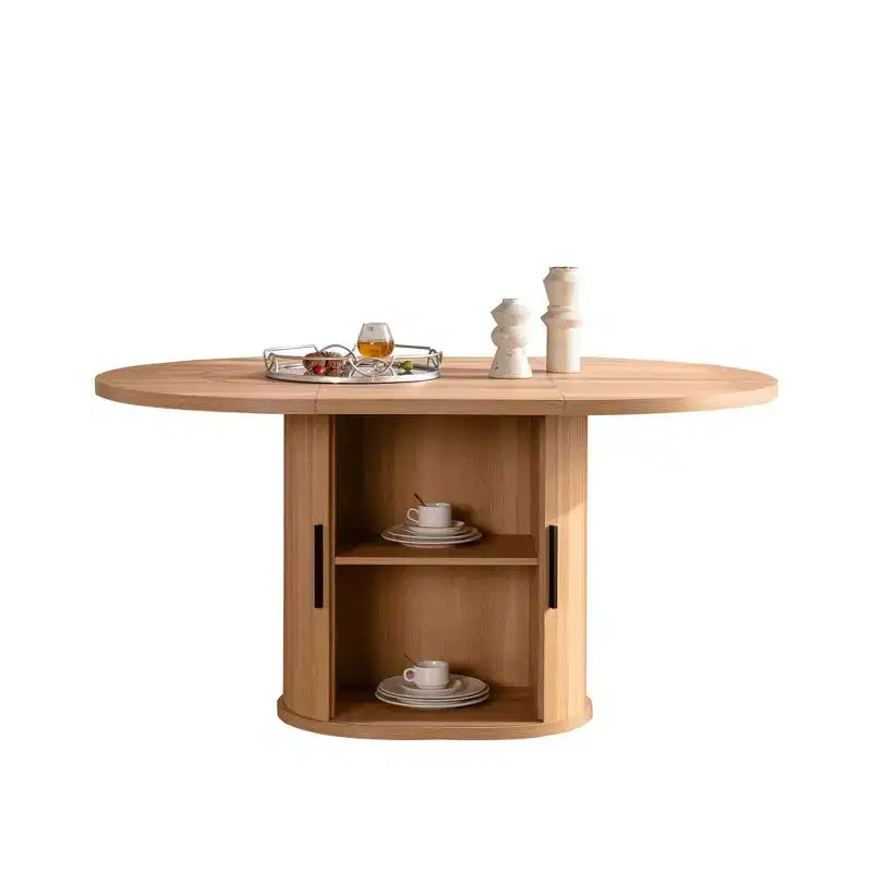 59 inch Oval Dining Table with Double-Layer Storage Shelf and Wood Slide Door