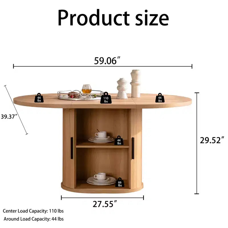 59 inch Oval Dining Table with Double-Layer Storage Shelf and Wood Slide Door