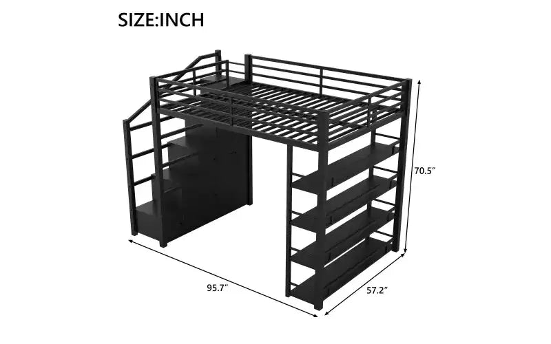 Whisen Queen Size Metal Loft Bed with Storage Shelves, Cabinets and Wardrobe
