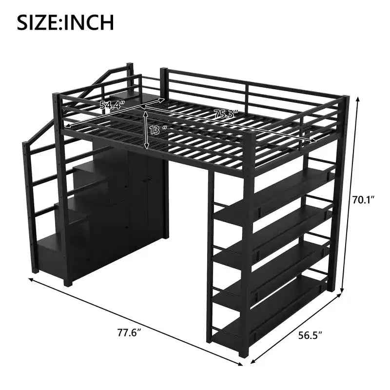 Whisen Queen Size Metal Loft Bed with Storage Shelves, Cabinets and Wardrobe