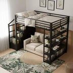 Whisen Queen Size Metal Loft Bed with Storage Shelves, Cabinets and Wardrobe