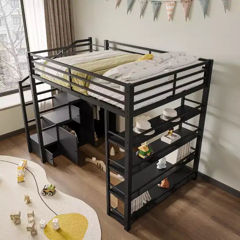 Whisen Queen Size Metal Loft Bed with Storage Shelves, Cabinets and Wardrobe