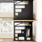 Whisen Queen Size Metal Loft Bed with Storage Shelves, Cabinets and Wardrobe