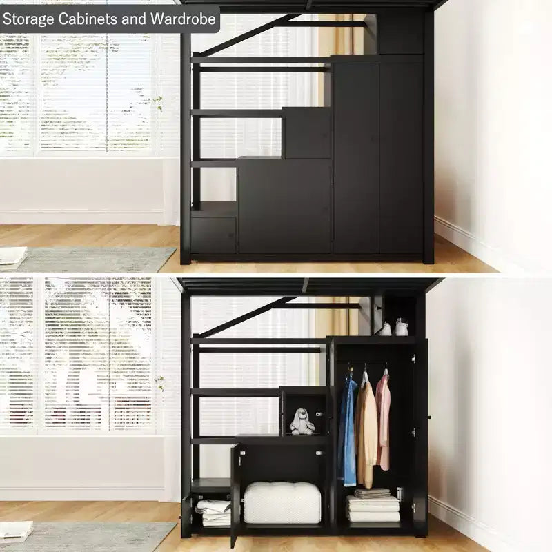 Whisen Queen Size Metal Loft Bed with Storage Shelves, Cabinets and Wardrobe