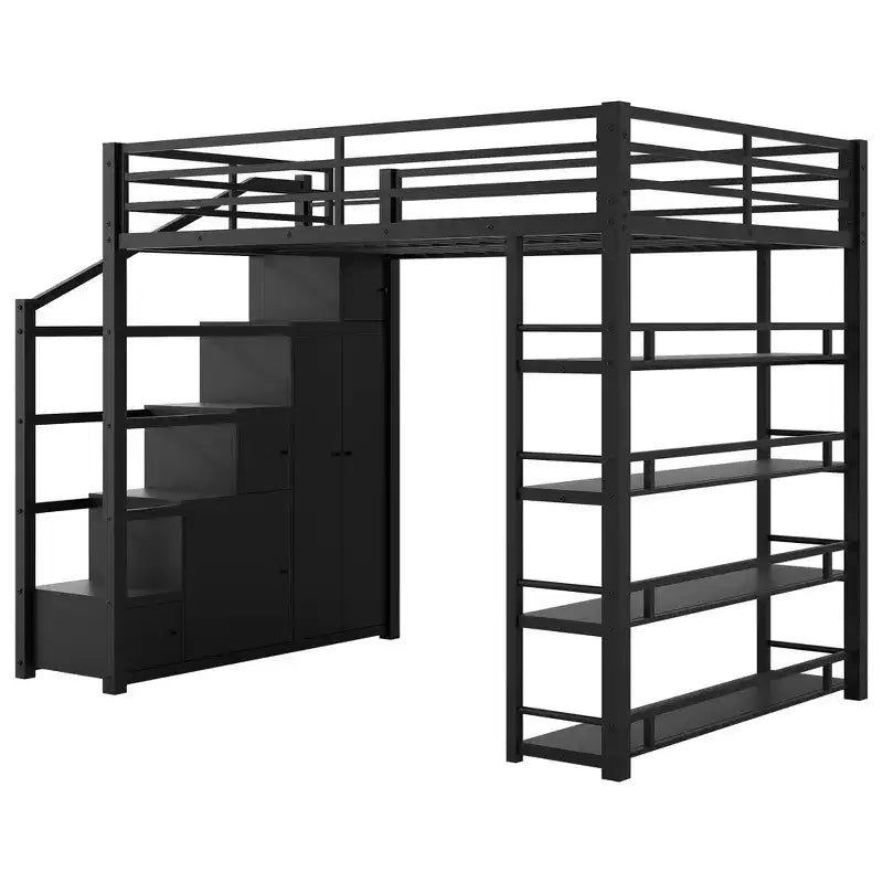 Whisen Queen Size Metal Loft Bed with Storage Shelves, Cabinets and Wardrobe