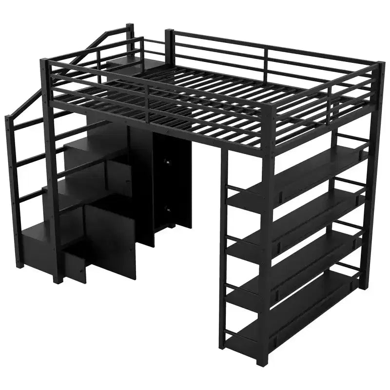 Whisen Queen Size Metal Loft Bed with Storage Shelves, Cabinets and Wardrobe