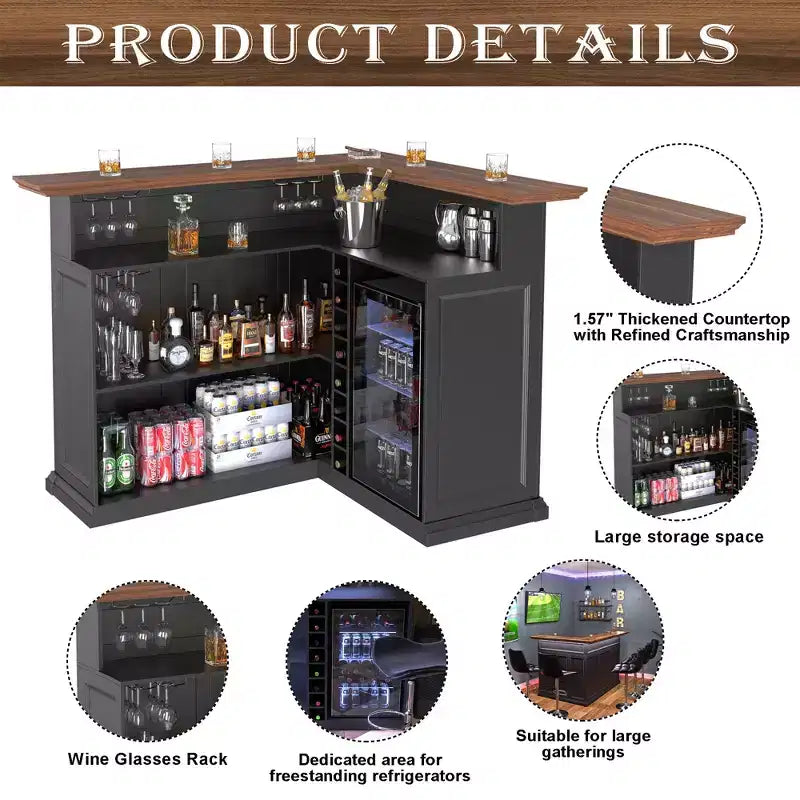 GDLF L Shaped Home Bar Cabinet with Fridge Space, Oversized Modern Basement Bar Table