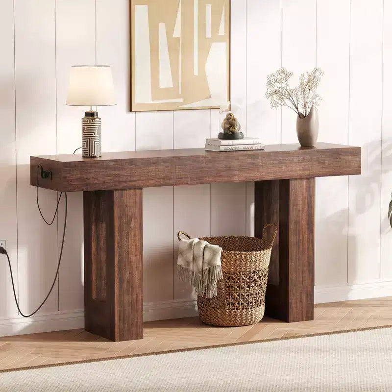 63 Entryway Console Table, Wooden Narrow Long Sofa Table with Power Outlet, Rectangular Behind Couch Table, Foyer Table for Living Room