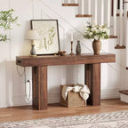 63 Entryway Console Table, Wooden Narrow Long Sofa Table with Power Outlet, Rectangular Behind Couch Table, Foyer Table for Living Room
