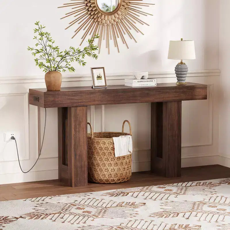 63 Entryway Console Table, Wooden Narrow Long Sofa Table with Power Outlet, Rectangular Behind Couch Table, Foyer Table for Living Room