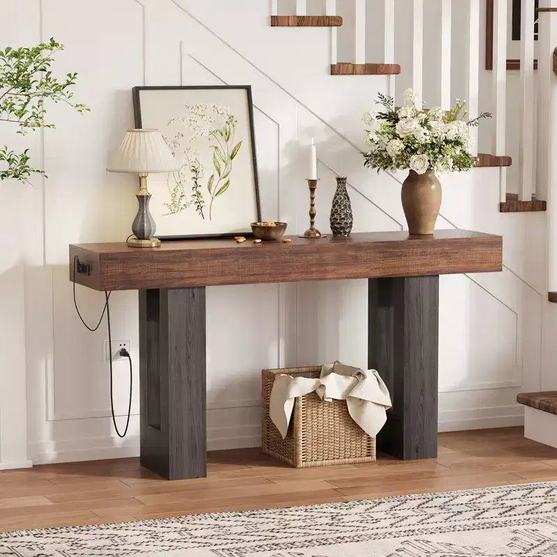 63 Entryway Console Table, Wooden Narrow Long Sofa Table with Power Outlet, Rectangular Behind Couch Table, Foyer Table for Living Room