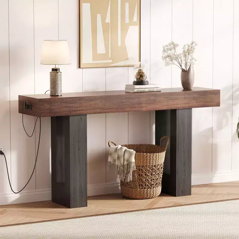 63 Entryway Console Table, Wooden Narrow Long Sofa Table with Power Outlet, Rectangular Behind Couch Table, Foyer Table for Living Room