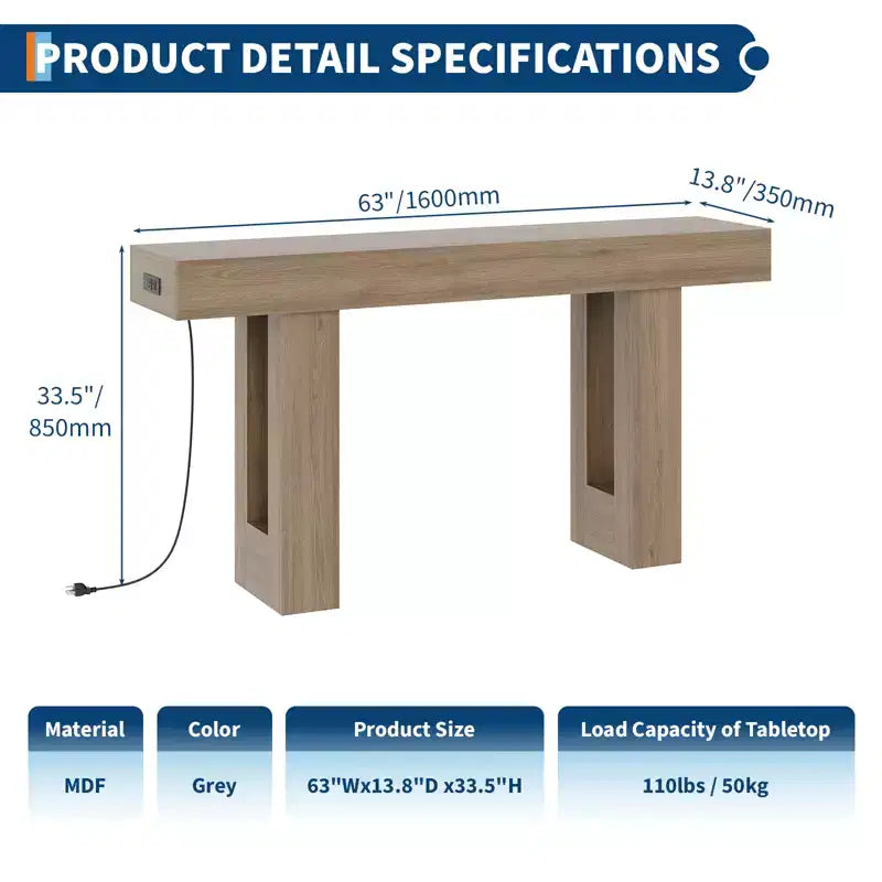 63 Entryway Console Table, Wooden Narrow Long Sofa Table with Power Outlet, Rectangular Behind Couch Table, Foyer Table for Living Room