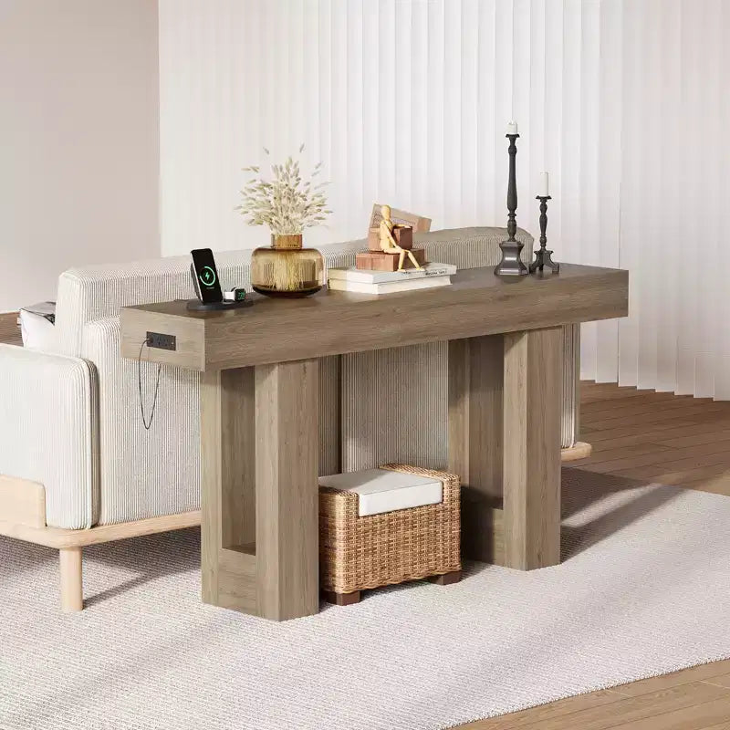 63 Entryway Console Table, Wooden Narrow Long Sofa Table with Power Outlet, Rectangular Behind Couch Table, Foyer Table for Living Room