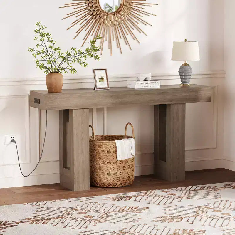 63 Entryway Console Table, Wooden Narrow Long Sofa Table with Power Outlet, Rectangular Behind Couch Table, Foyer Table for Living Room