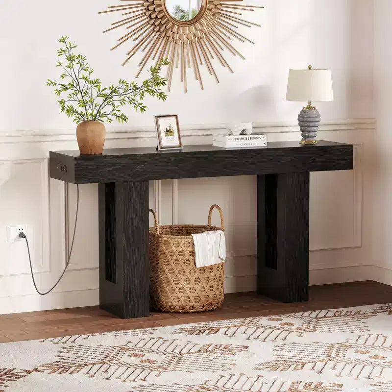63 Entryway Console Table, Wooden Narrow Long Sofa Table with Power Outlet, Rectangular Behind Couch Table, Foyer Table for Living Room
