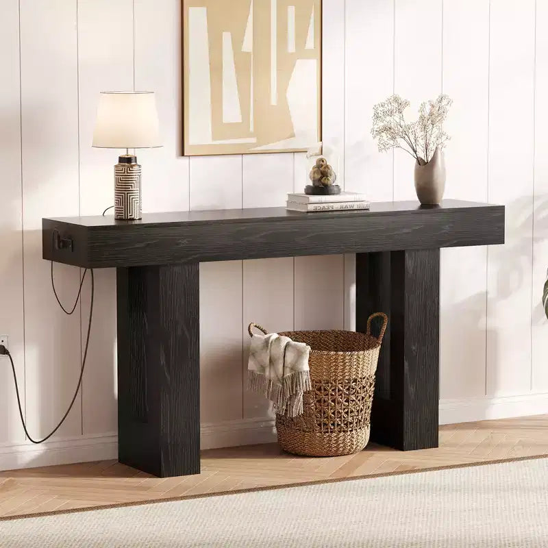 63 Entryway Console Table, Wooden Narrow Long Sofa Table with Power Outlet, Rectangular Behind Couch Table, Foyer Table for Living Room