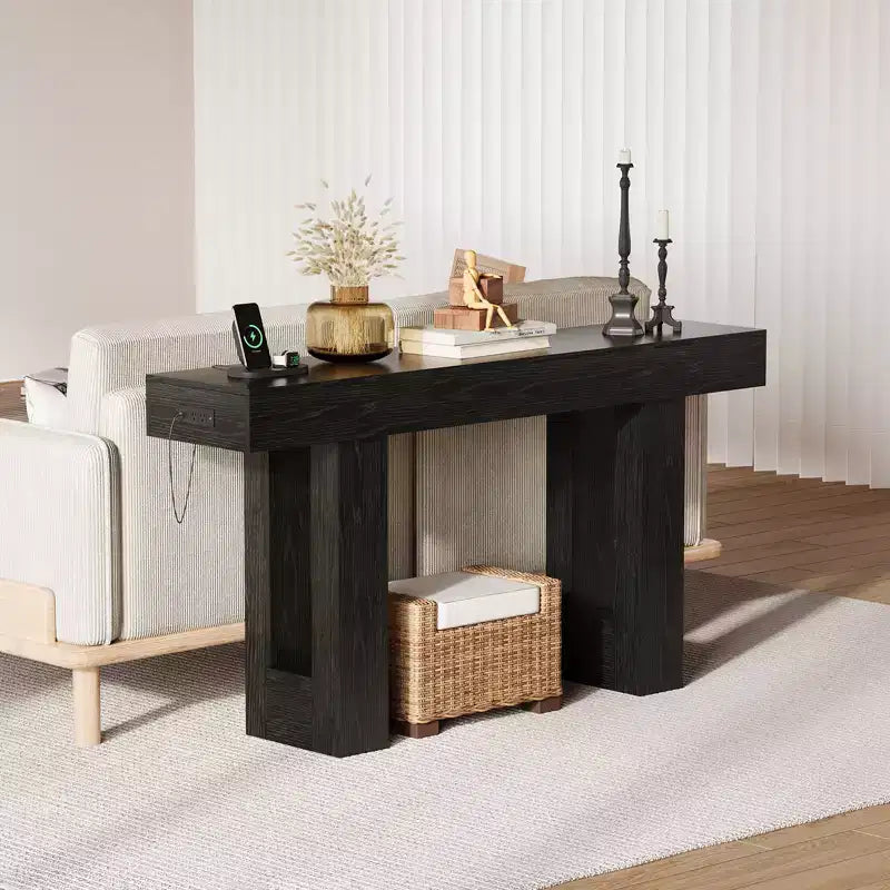 63 Entryway Console Table, Wooden Narrow Long Sofa Table with Power Outlet, Rectangular Behind Couch Table, Foyer Table for Living Room
