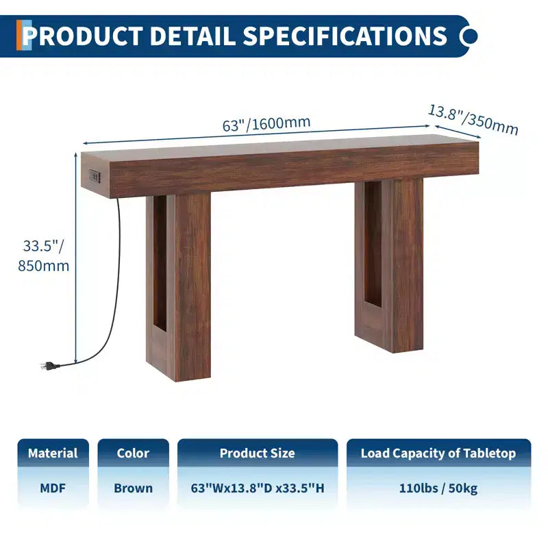 63 Entryway Console Table, Wooden Narrow Long Sofa Table with Power Outlet, Rectangular Behind Couch Table, Foyer Table for Living Room