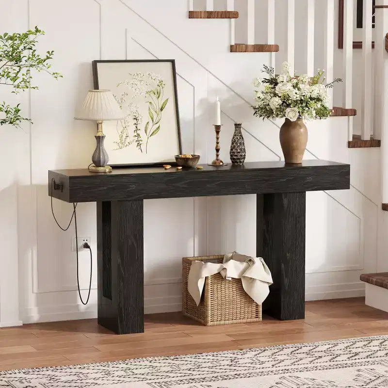 63 Entryway Console Table, Wooden Narrow Long Sofa Table with Power Outlet, Rectangular Behind Couch Table, Foyer Table for Living Room