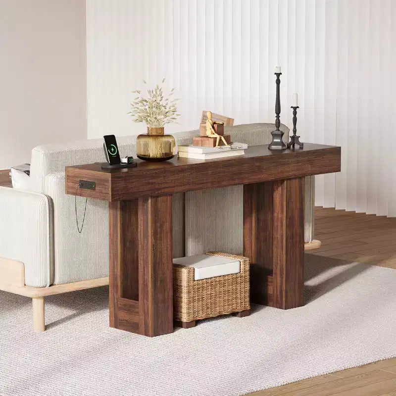 63 Entryway Console Table, Wooden Narrow Long Sofa Table with Power Outlet, Rectangular Behind Couch Table, Foyer Table for Living Room