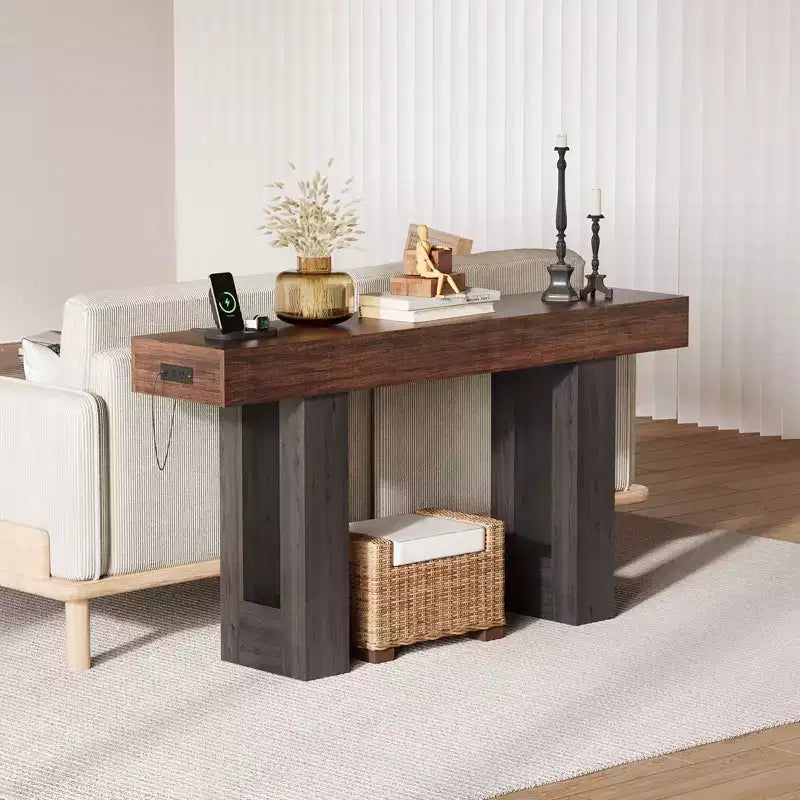 63 Entryway Console Table, Wooden Narrow Long Sofa Table with Power Outlet, Rectangular Behind Couch Table, Foyer Table for Living Room