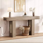 63 Entryway Console Table, Wooden Narrow Long Sofa Table with Power Outlet, Rectangular Behind Couch Table, Foyer Table for Living Room