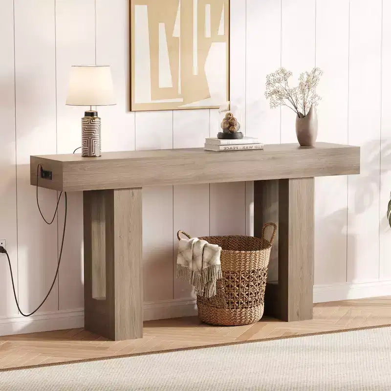 63 Entryway Console Table, Wooden Narrow Long Sofa Table with Power Outlet, Rectangular Behind Couch Table, Foyer Table for Living Room