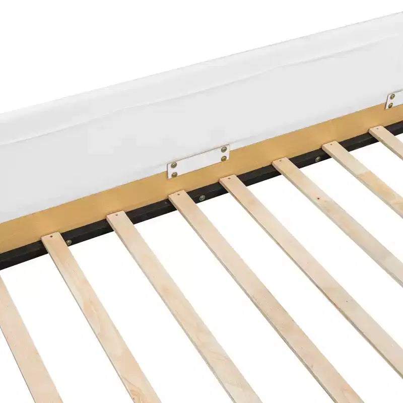 Lit plateforme capitonné jumeau avec barrières de sécurité en velours et 3 sacs de rangement intégrés, naturel - ModernLuxe