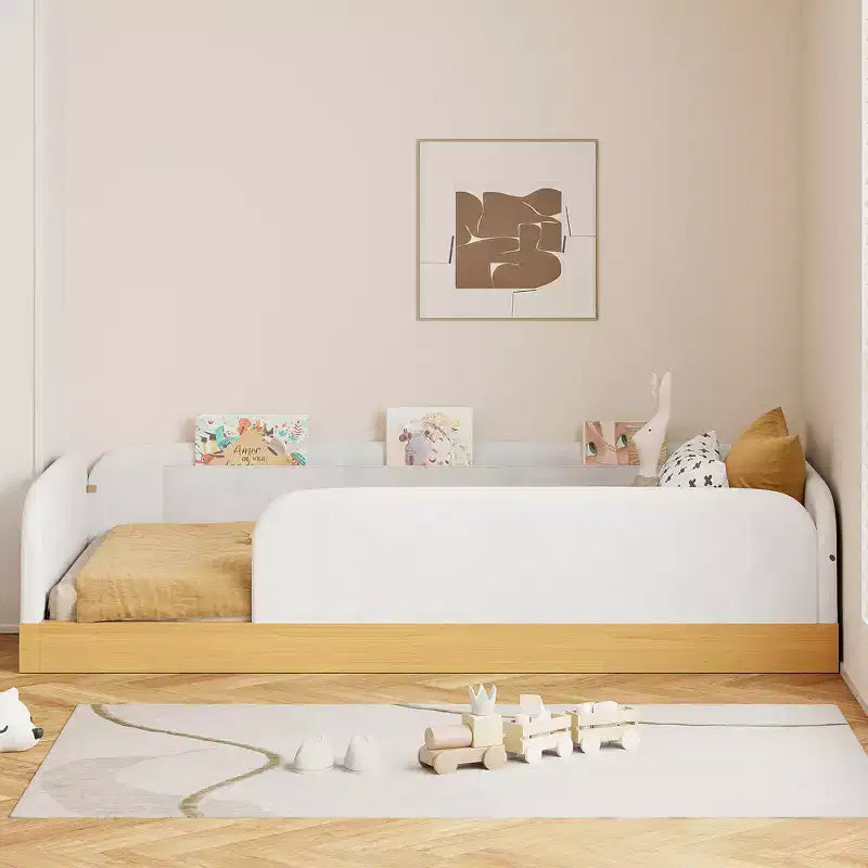 Lit plateforme capitonné jumeau avec barrières de sécurité en velours et 3 sacs de rangement intégrés, naturel - ModernLuxe