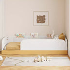 Lit plateforme capitonné jumeau avec barrières de sécurité en velours et 3 sacs de rangement intégrés, naturel - ModernLuxe