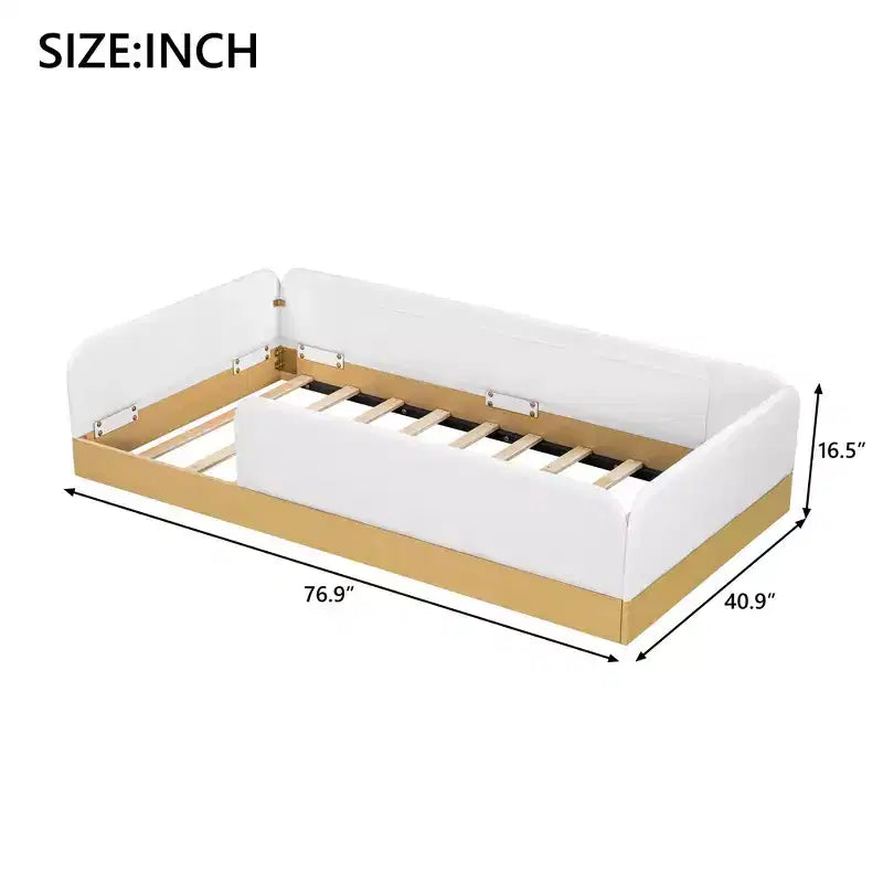 Lit plateforme capitonné jumeau avec barrières de sécurité en velours et 3 sacs de rangement intégrés, naturel - ModernLuxe