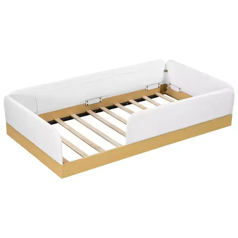 Lit plateforme capitonné jumeau avec barrières de sécurité en velours et 3 sacs de rangement intégrés, naturel - ModernLuxe
