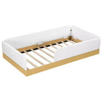 Lit plateforme capitonné jumeau avec barrières de sécurité en velours et 3 sacs de rangement intégrés, naturel - ModernLuxe