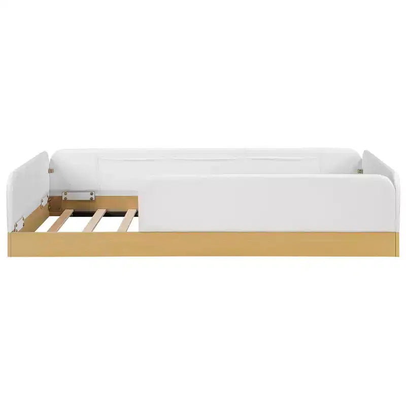 Lit plateforme capitonné jumeau avec barrières de sécurité en velours et 3 sacs de rangement intégrés, naturel - ModernLuxe