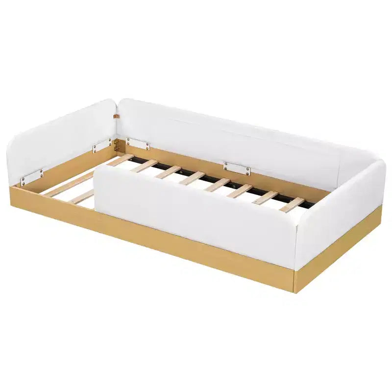 Lit plateforme capitonné jumeau avec barrières de sécurité en velours et 3 sacs de rangement intégrés, naturel - ModernLuxe